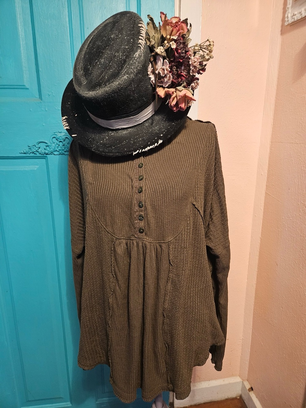 Free People Olive Green Waffle Knit Tunic Top